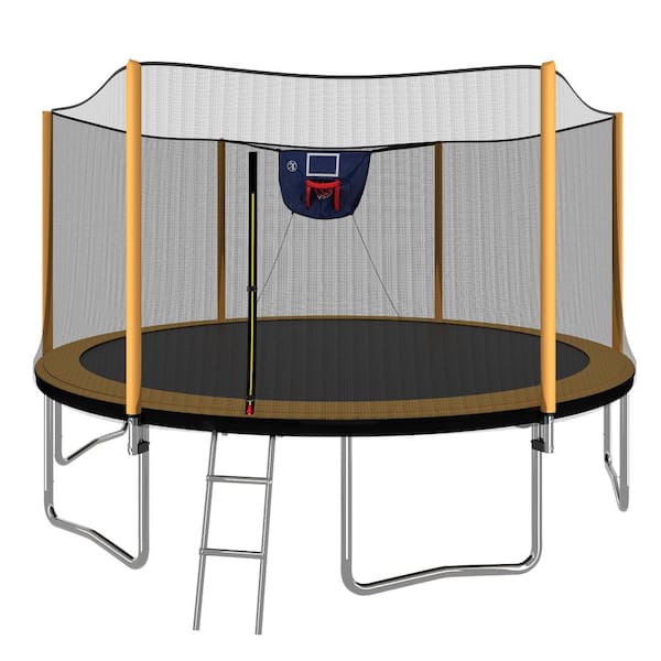 Unbranded 14FT Powder-Coated Trampoline with Basketball Hoop, Inflator, Ladder, and Orange Outer Safety Enclosure-ASTM Certified