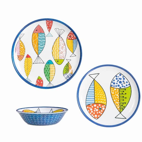 12-Piece Melamine Dinnerware Set for 4 with Ocean Fish Design Plates and Bowls Lightweight and Unbreakable