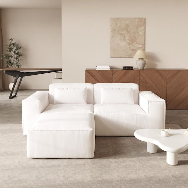87 in. Square Arm Cloud Fleece Fabric Sofa Deep Seat Modular Sectional Sofa with Ottoman in Beige