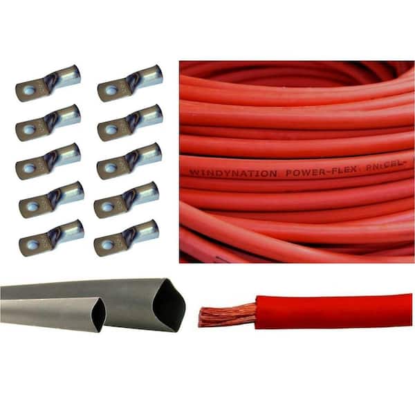 WindyNation 20 ft. 1/0 AWG Red with 10-Piece of 3/8 in. Tinned Copper Cable Lug Terminal Connectors and 3 ft. Heat Shrink Tubing