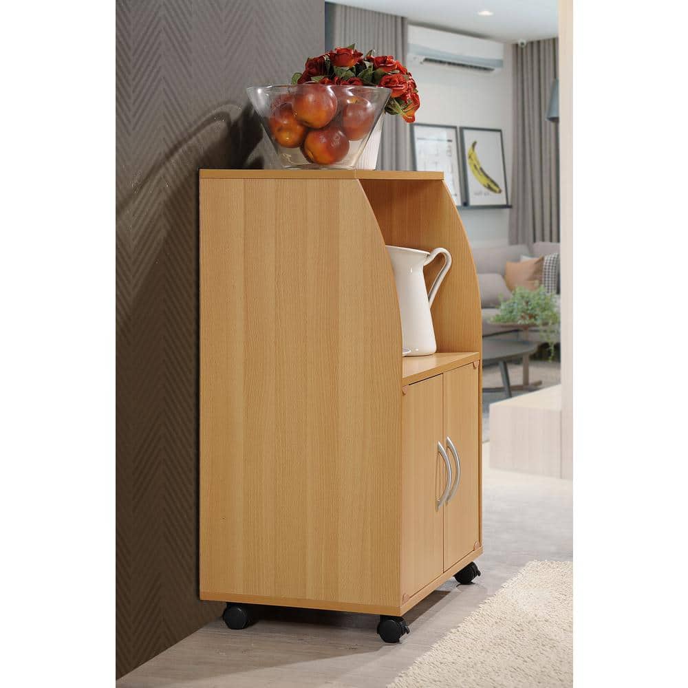 Beech Wood Microwave Cart with Storage and Locking Wheels