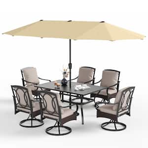8-Piece Black Metal Outdoor Dining Set with Beige Cushions and Beige Umbrella
