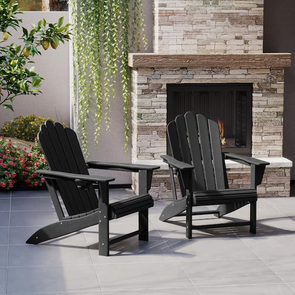 Aderson Set of 2 All Weather Fade Resistant Outdoor Patio HDPE Adirondack Chairs with Cup Holders in Black