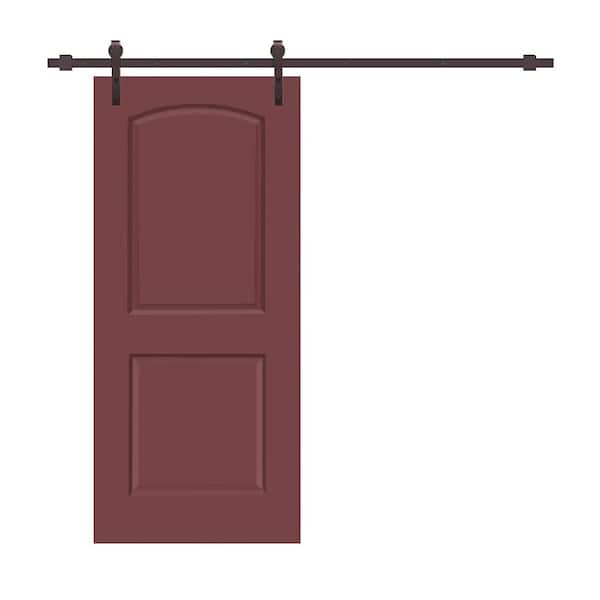 CALHOME 36 in. x 80 in. Maroon Stained Composite MDF 2 Panel Round Top Interior Sliding Barn Door with Hardware Kit