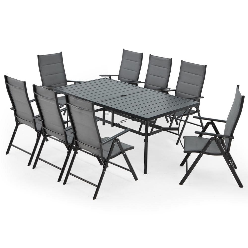9-Piece Patio Dining Table Set with Aluminum Foldable Chairs and Metal Tabl