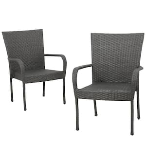 Gray Stackable Faux Rattan Outdoor Patio Dining Chair (Set of 2)