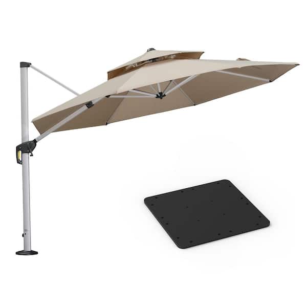 PURPLE LEAF 11 ft. Octagon High-Quality Aluminum Cantilever Polyester Outdoor Patio Umbrella with Base Plate, Beige