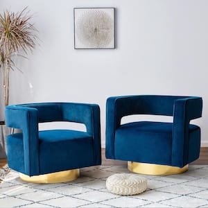 Bettina Contemporary Navy Velvet Comfy Swivel Barrel Chair with Open Back and Metal Base (Set of 2)