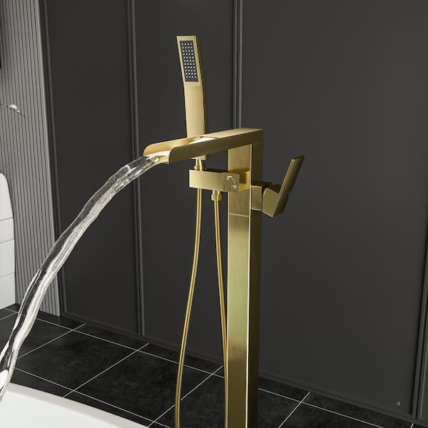 Single-Handle Free Standing Floor Mount Waterfall Tub Filler Bathroom Tub Faucets with Handheld Shower in Brushed Gold