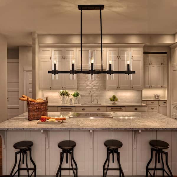 Farmhouse 6-Light Black Industrial Linear Island Chandelier with Clear Glass Shades for Kitchen Island