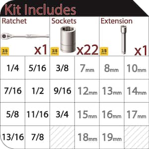 3/8 in. Drive Ratchet SAE/Metric Standard Socket Set (24-Piece)