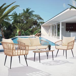 4-Pieces Outdoor Patio Conversation Set All-Weather Rattan Patio Furniture Set with Table and Light Yellow Cushions
