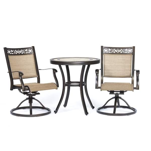 Mondawe Sauvignon Dark Gold 3-Piece Cast Aluminum Round 28 in. H Outdoor Bistro Set with Swivel Sling Chair