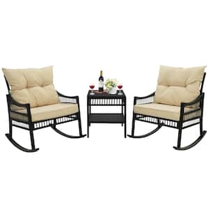 3-Piece Wicker Outdoor Rocking Chair Set with Beige Cushions and Pillows