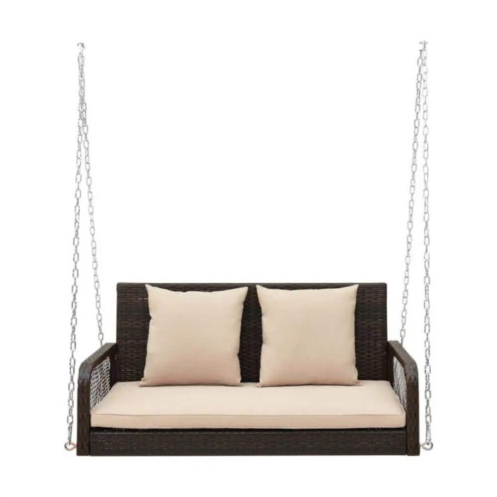 45.5 in. Brown Double Wicker Porch Swing without Sunshade with Cushions