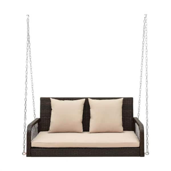 45.5 in. Brown Double Wicker Porch Swing without Sunshade with Cushions