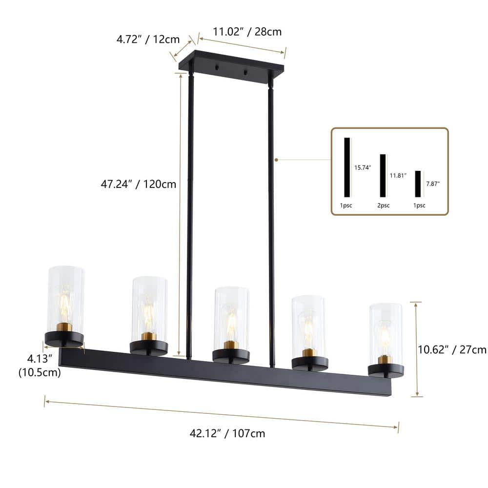 Matte Black 5-Light Glass Shade Kitchen Island Pendant