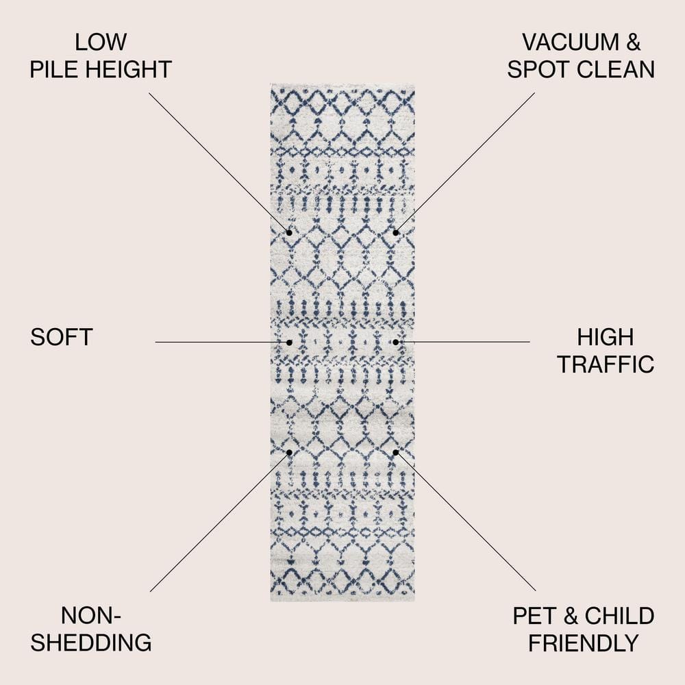 Cream and Navy Moroccan Trellis Synthetic Runner Rug