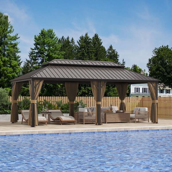 12 ft. x 22 ft. Double Galvanized Steel Roof Aluminum Frame Outdoor Patio Hardtop Gazebo with Netting and Curtains