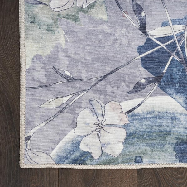 10 ft. Ivory Blue and Gray Floral Power Loom Washable Non Skid Runner Rug