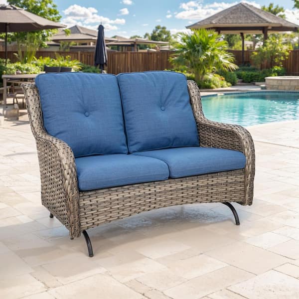 Gray PE Wicker Outdoor Loveseat with Blue Cushions and Glide Function