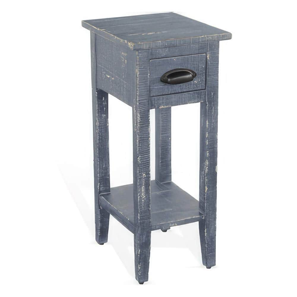 Rena 14" Blue Mahogany Wood Chairside Table with Drawer and Shelf