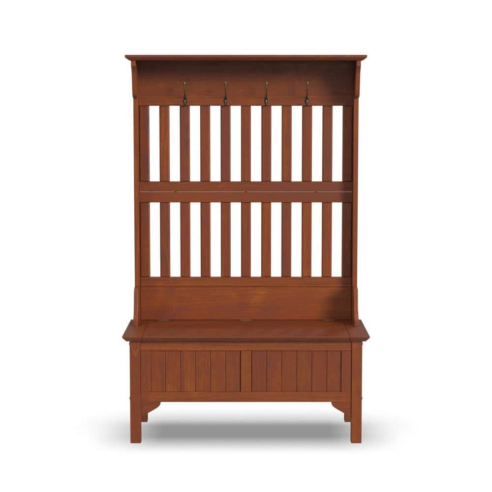 Cottage Oak Hall Tree with Brass Hooks and Storage Bench