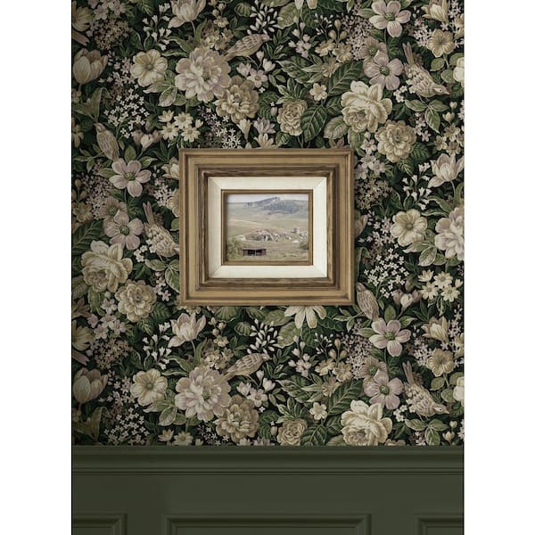 15.38 sq. ft. Green and Mauve Vintage Bird Garden Vinyl Peel and Stick Wallpaper Roll