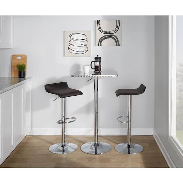 Lumisource Bistro Square-Ale 3-Piece Chrome Metal, Brown Faux Leather, and Silver Metal Top Bar Set