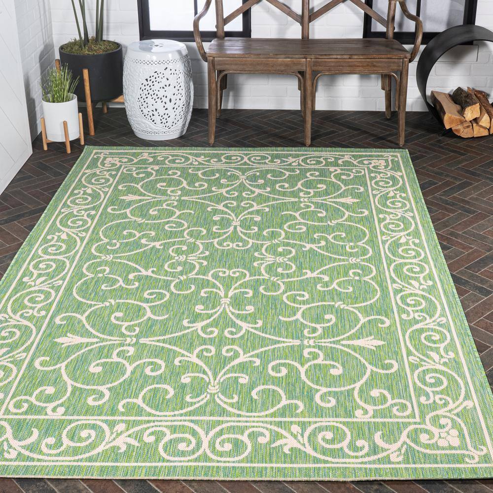 Charleston Green and Ivory Filigree Flat Woven Indoor/Outdoor Rug