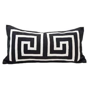 Black and White Woven Cotton Lumbar Pillow with Appliqued Design