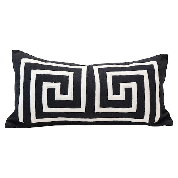 Storied Home Black and White Woven Cotton Lumbar Pillow with Appliqued Design