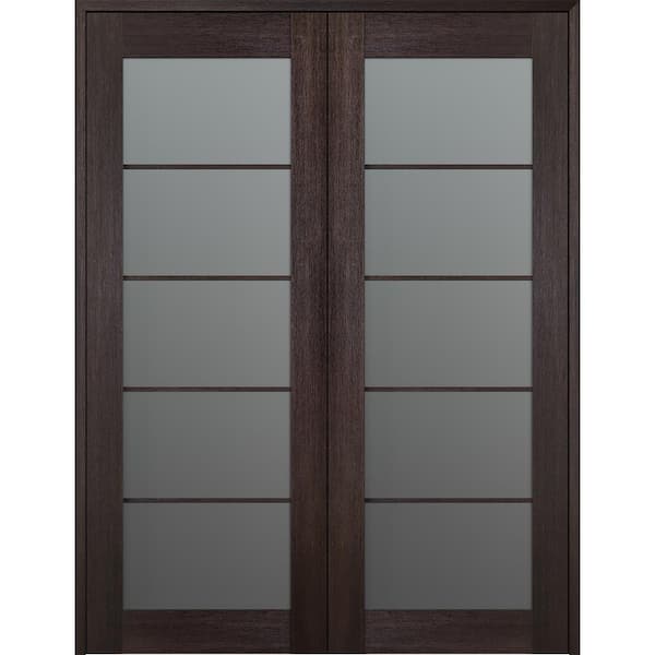 Belldinni Vona 5 Lite 48 in.x 96 in. Both Active Frosted Glass Veralinga Oak Wood Composite Double Prehung French Door