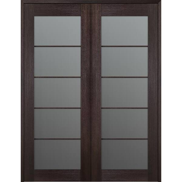 Belldinni Vona 5 Lite 56 in.x 96 in. Both Active Frosted Glass Veralinga Oak Wood Composite Double Prehung French Door