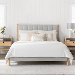 Oswin Light Grey Wood Frame Queen Upholstered Platform Bed Mid-Century Modern Queen Bed Frame with Channel Tufting