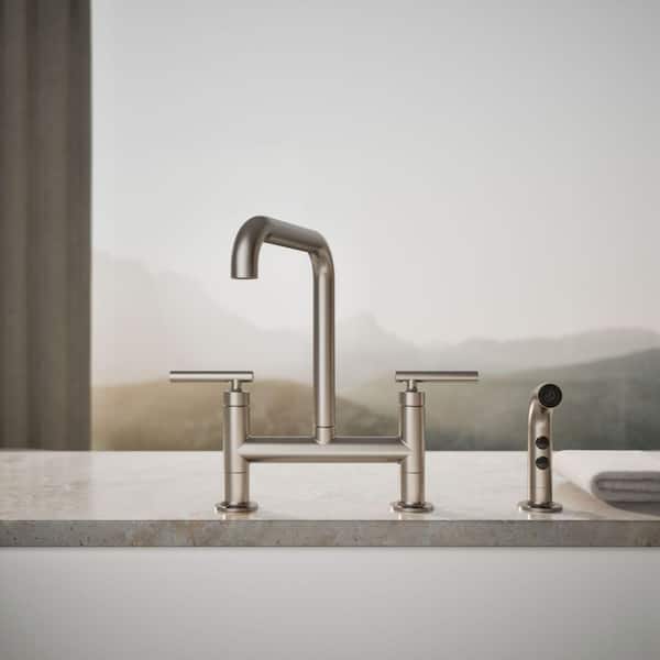 KOHLER Purist 2-Handle Bridge Kitchen Faucet with Side Sprayer in