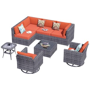 Messi Grey 8-Piece Wicker Outdoor Patio Conversation Sofa Set with Swivel Rocking chairs and Orange Red Cushions