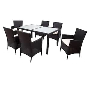 7-Piece Wicker Outdoor Dining Set with Beige Cushions