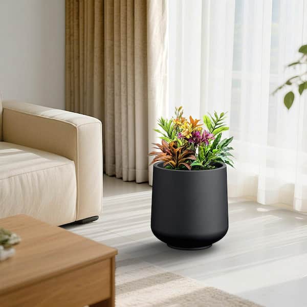 16 in. Large Matte Black(Upgraded Interior) Concrete Tall Round Planter / Pot with Drainage Holes for Outdoor Indoor