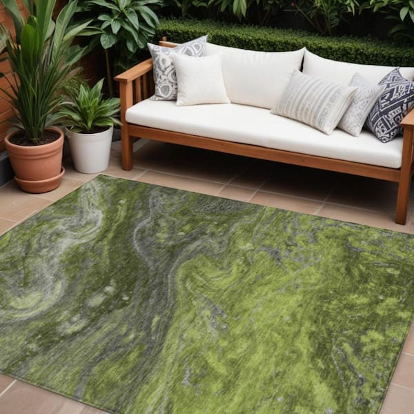 Olive Green, Lime Green 9 ft. x 12 ft. Woven Abstract Polyester Rectangle Indoor / Outdoor Area Rug