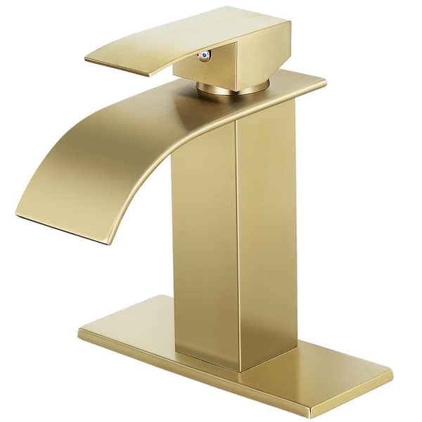 AKLFGN Waterfall Spout 1-Handle Low Arc 1-Hole Bathroom Faucet with Deckplate Included in Brushed Gold