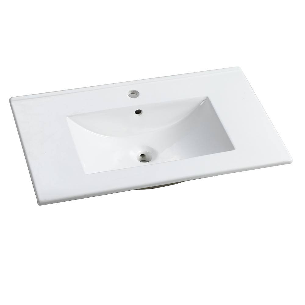 Glossy White Rectangular Ceramic Bathroom Sink Basin, 30 Inch