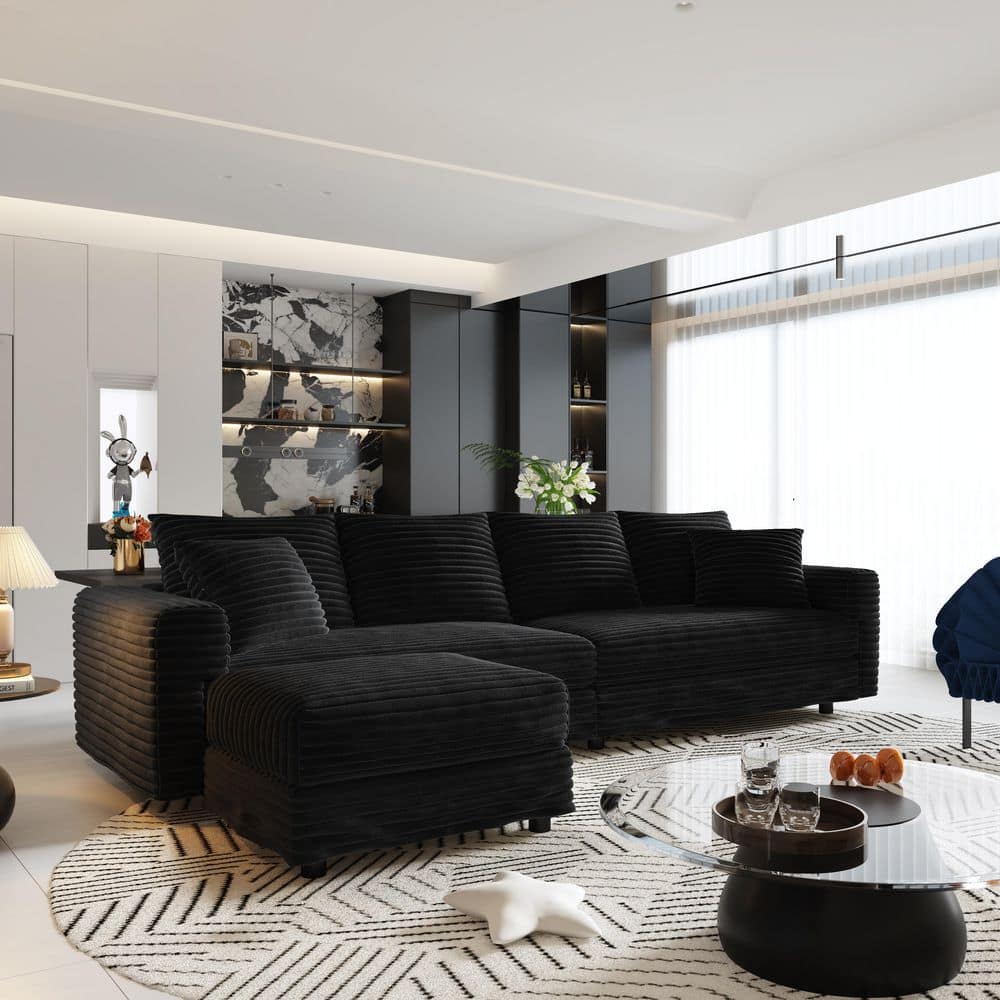 Free Combined 102.4 in. Corduroy Fabric Sectional Sofa Sofa Bed in Black with Movable Ottoman price history on PriceWatchPro