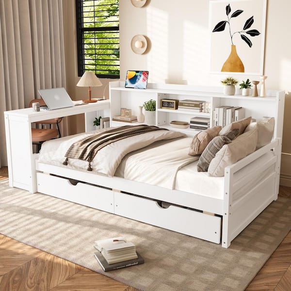 Nancy White Wood Frame Twin Size Daybed with Storage Drawers, Desk, Charging Station, Bookcase
