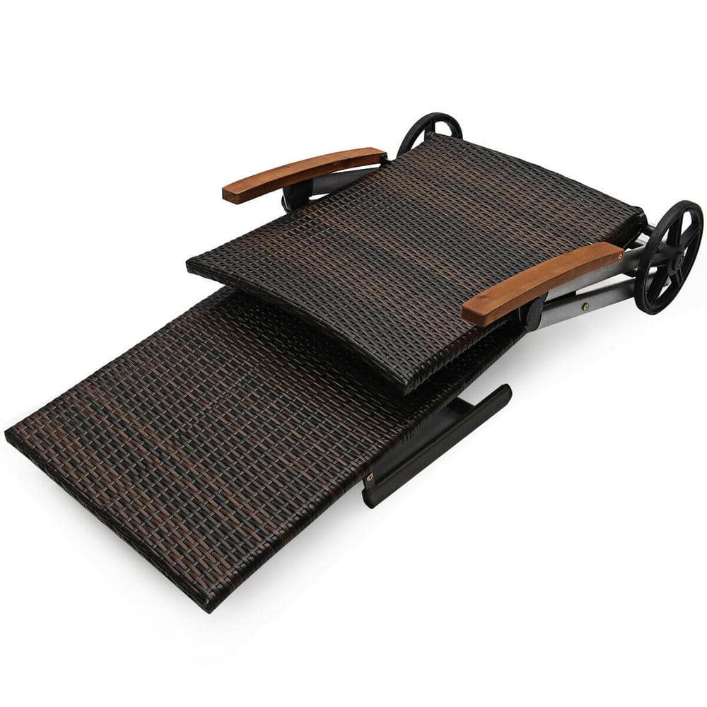 Beige Cushioned Folding Rattan Chaise Lounge with Aluminum Frame