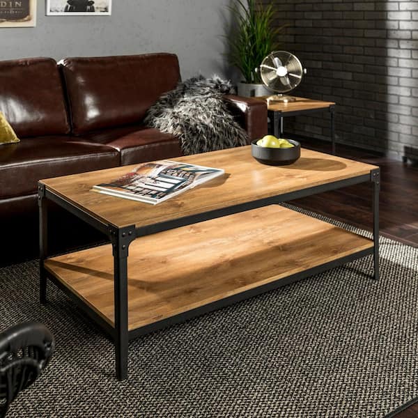 Walker Edison Furniture Company Angle 48 in. Barnwood/Black Large Rectangle MDF Coffee Table with Shelf