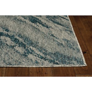 Isla Gray/Teal 8 ft. Round Transitional Watercolor Indoor/Outdoor Area Rug