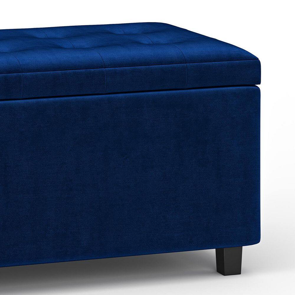 Blue Velvet Tufted Storage Ottoman with Solid Wood Frame