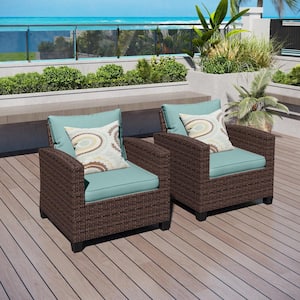 Dark Brown Rattan Wicker Outdoor Patio Lounge Chairs with Blue Cushions (2-Pack)