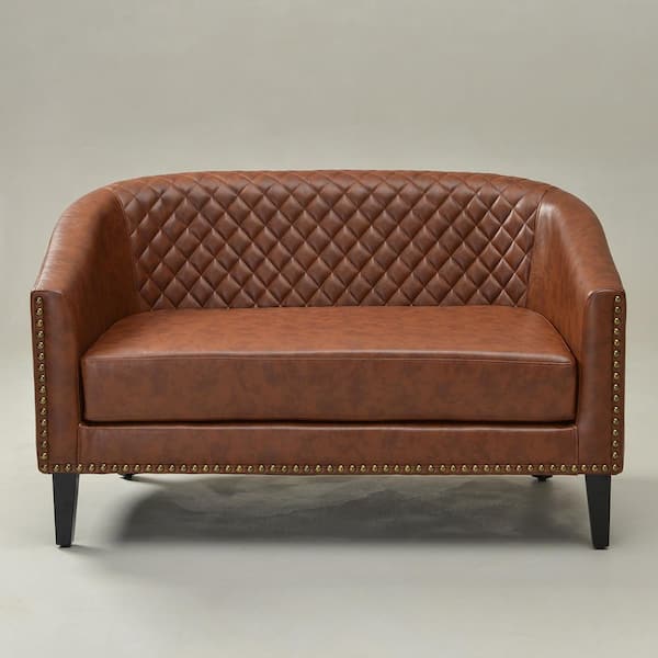 Brown 50 in. Tufted Faux Leather 2-Seater Upholstered Small Loveseat with Nailed Trim